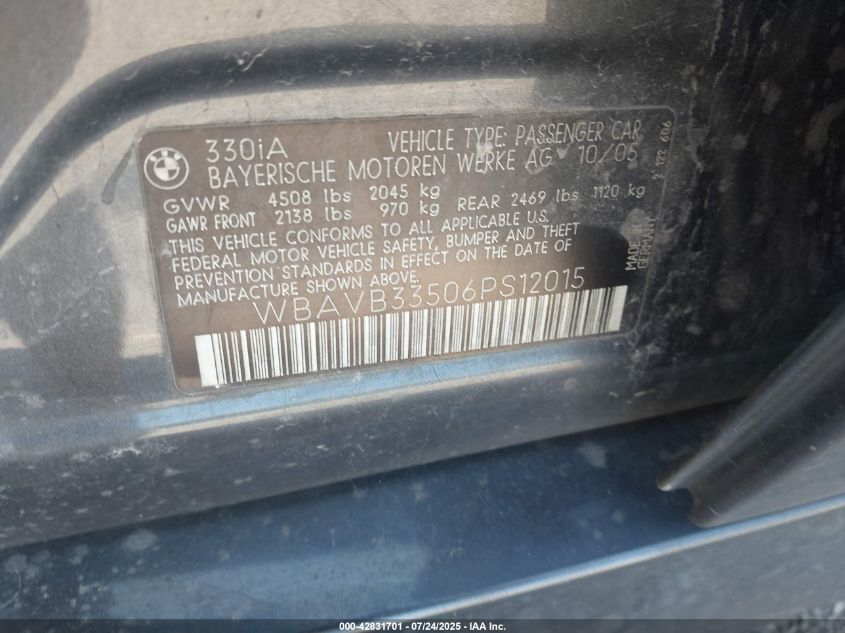 2006 BMW 330I VIN: WBAVB33506PS12015 Lot: 42831701