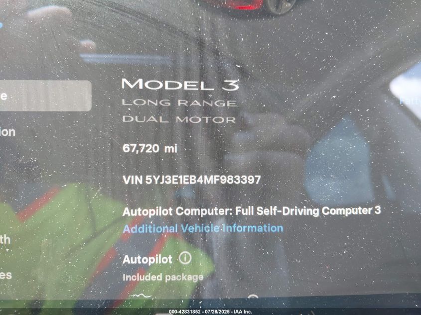 2021 Tesla Model 3 Long Range Dual Motor All-Wheel Drive VIN: 5YJ3E1EB4MF983397 Lot: 42831852