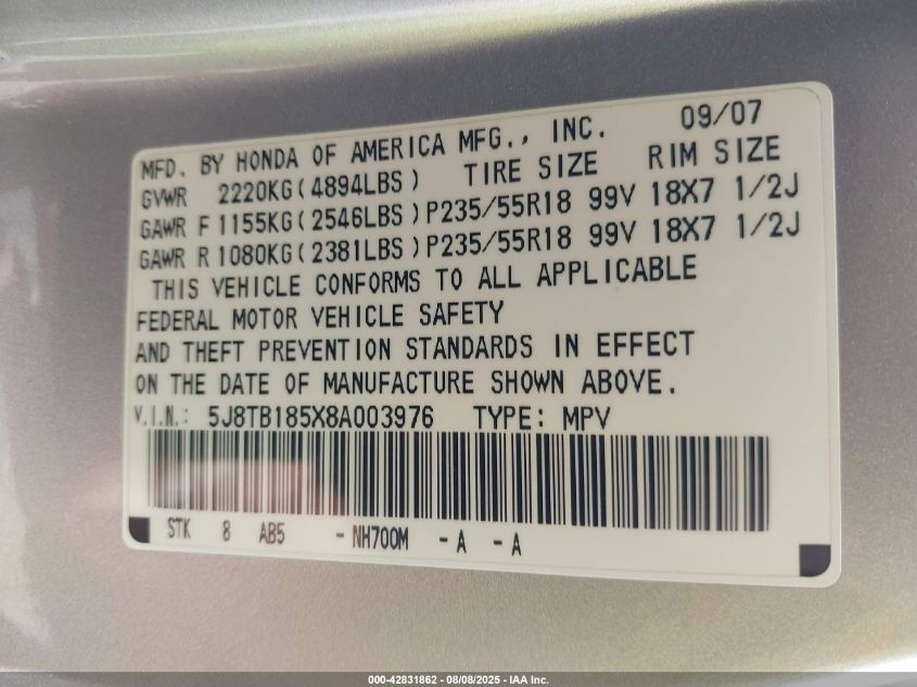 2008 Acura Rdx VIN: 5J8TB185X8A003976 Lot: 42831862