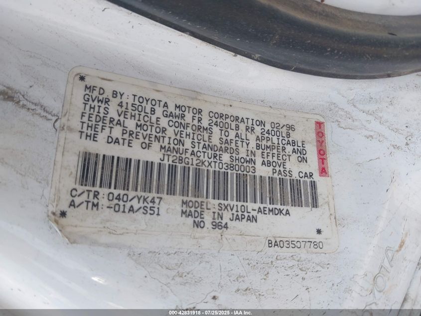 1996 Toyota Camry Dx/Le/Xle VIN: JT2BG12KXT0380003 Lot: 42831918