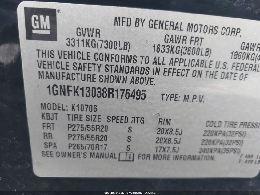 2008 Chevrolet Tahoe Ltz VIN: 1GNFK13038R176495 Lot: 42831935