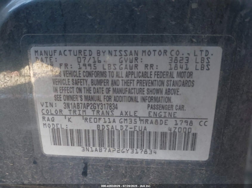 2016 NISSAN SENTRA SV 3N1AB7AP2GY317834