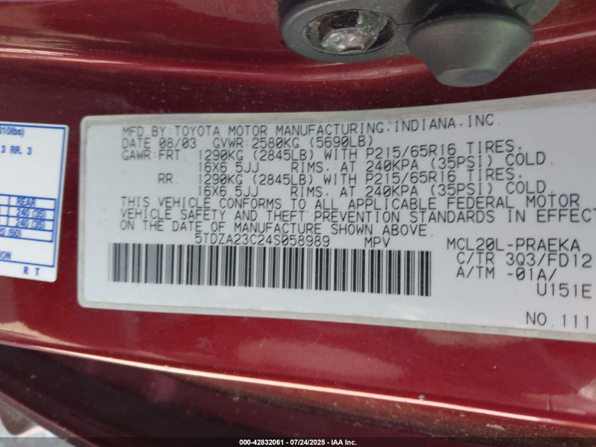 2004 Toyota Sienna Ce VIN: 5TDZA23C24S058989 Lot: 42832061