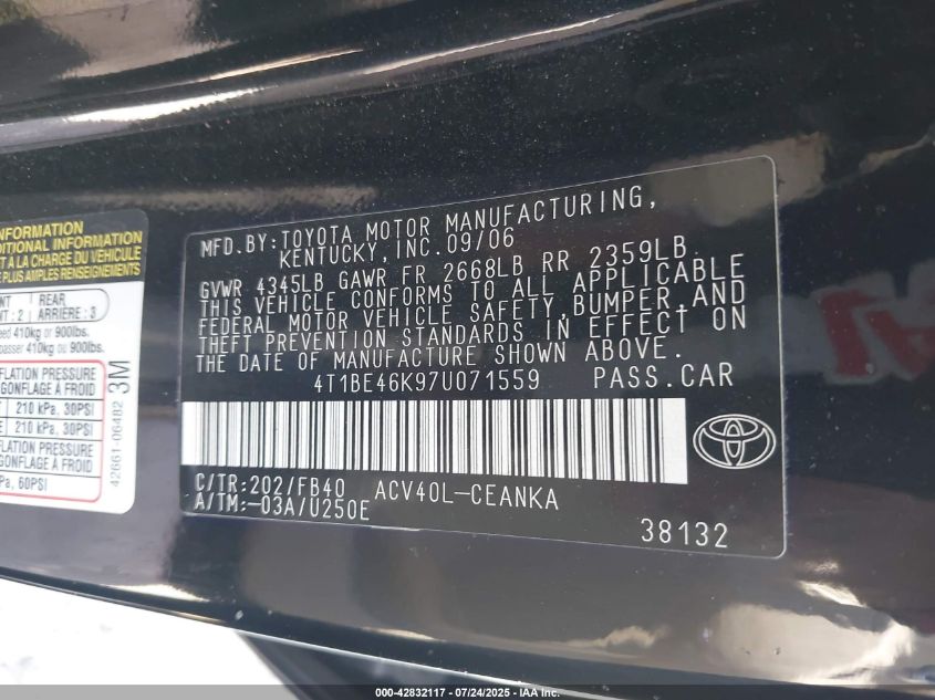 2007 Toyota Camry VIN: 4T1BE6K97U071559 Lot: 42832117