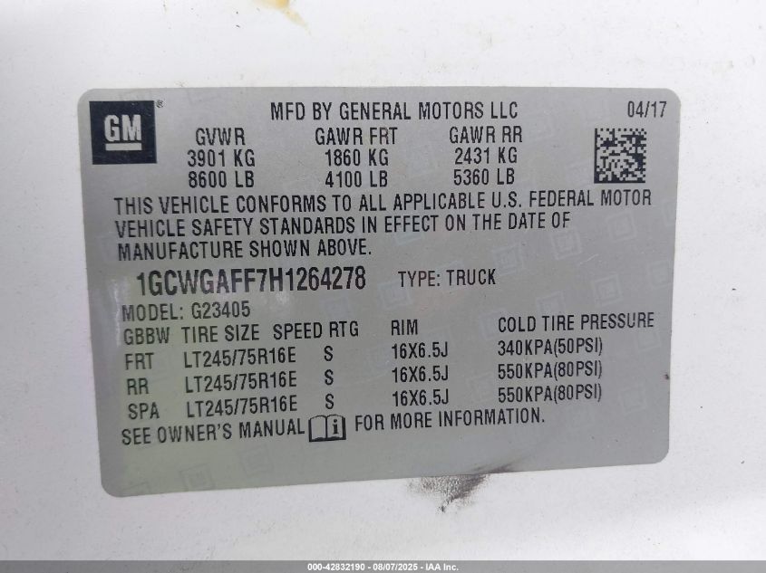 2017 Chevrolet Express 2500 Work Van VIN: 1GCWGAFF7H1264278 Lot: 42832190