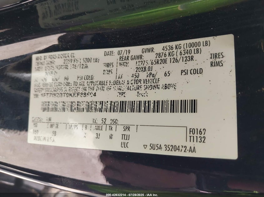 2019 Ford F-250 Lariat VIN: 1FT7W2BT9KEF88504 Lot: 42832214