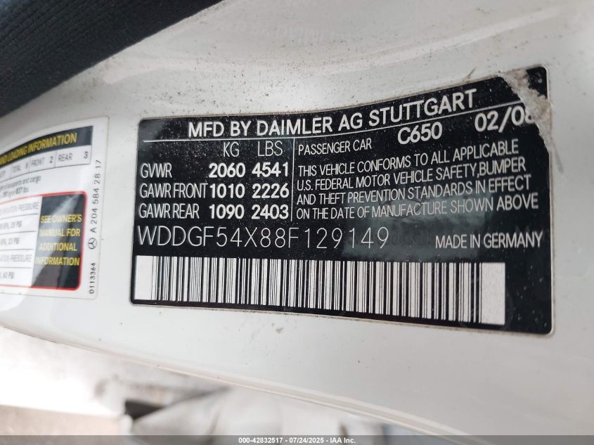 2008 Mercedes-Benz C 300 Luxury/Sport VIN: WDDGF54X88F129149 Lot: 42832517