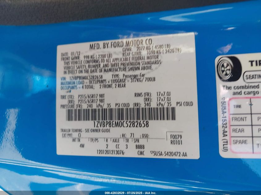 2012 Ford Mustang V6 Premium VIN: 1ZVBP8EM0C5282658 Lot: 42832529
