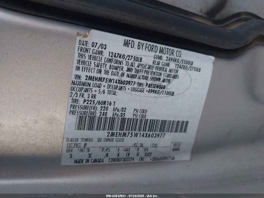 2004 Mercury Grand Marquis Ls VIN: 2MEHM75W14X603977 Lot: 42832941