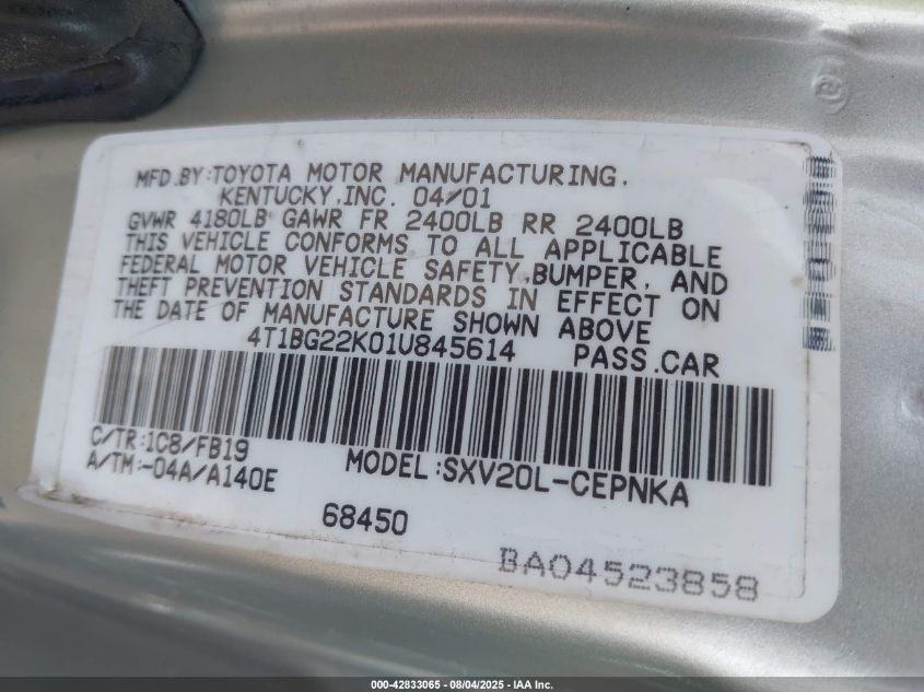 2001 Toyota Camry Le VIN: 4T1BG22K01U845614 Lot: 42833065