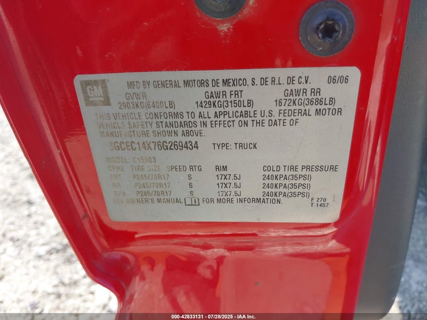 2006 Chevrolet Silverado 1500 Work Truck VIN: 3GCEC14X76G269434 Lot: 42833131