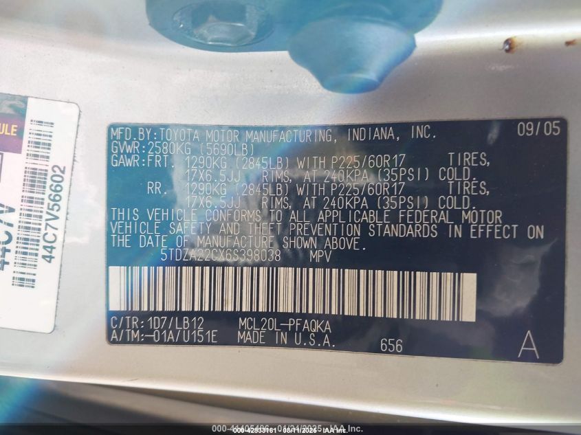 2006 Toyota Sienna VIN: 5TDZA22CX6S398038 Lot: 42833161