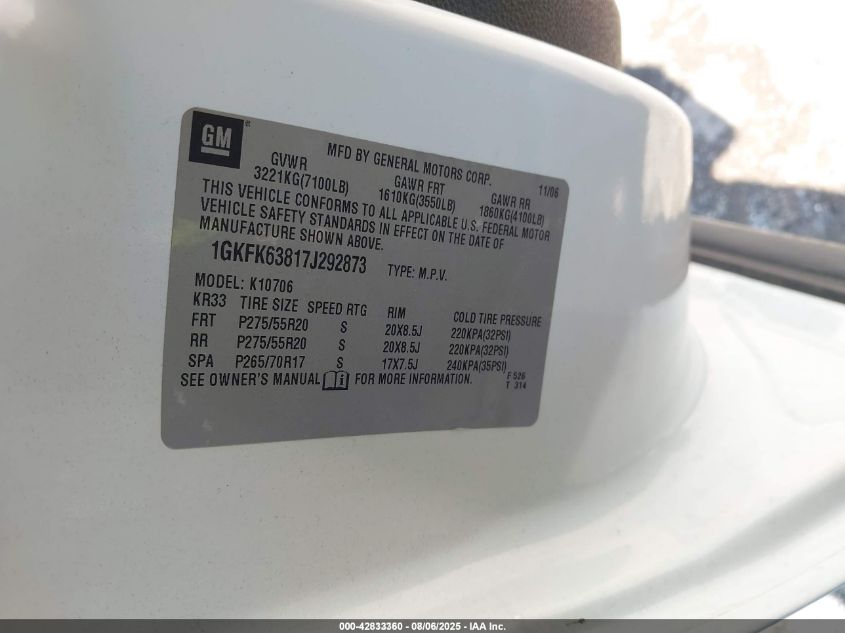 2007 GMC Yukon Denali VIN: 1GKFK63817J292873 Lot: 42833360