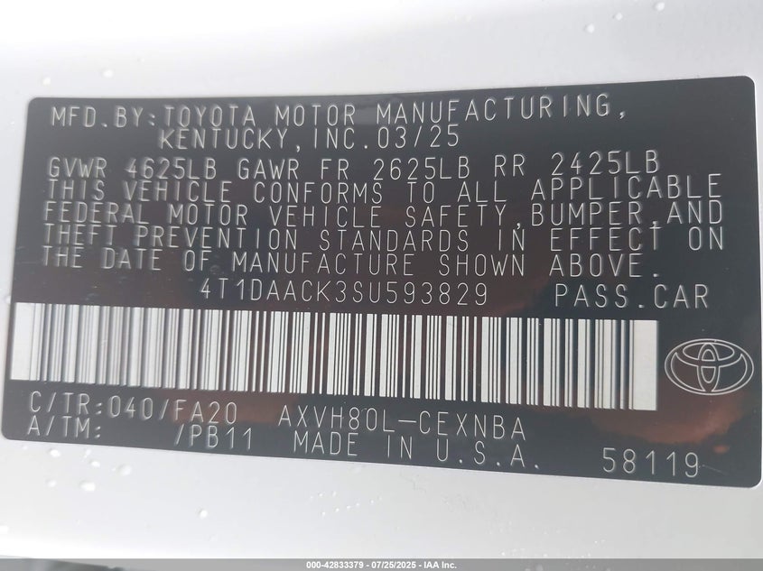 2025 Toyota Camry Le VIN: 4T1DAACK3SU593829 Lot: 42833379