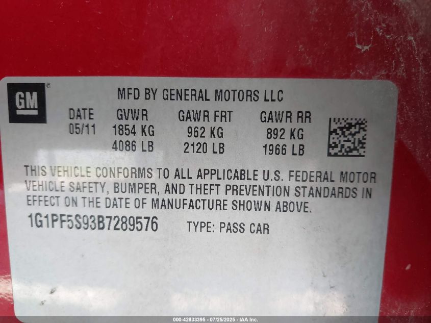 2011 Chevrolet Cruze 1Lt VIN: 1G1PF5S93B7289576 Lot: 42833395