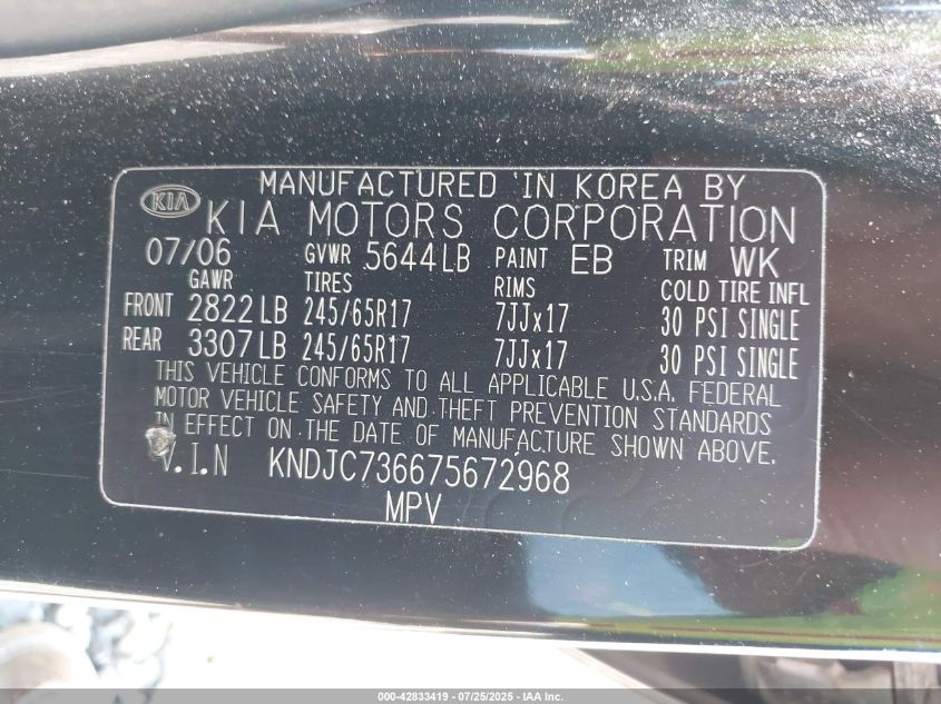 2007 Kia Sorento Lx VIN: KNDJC736675672968 Lot: 42833419