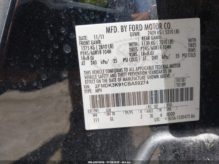 2012 Ford Edge Limited VIN: 2FMDK3K91CBA59274 Lot: 42833536