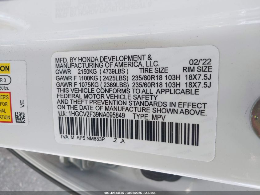 2019 Honda Accord Sport 2.0T VIN: 1HGCV2F3XKA036367 Lot: 42833655