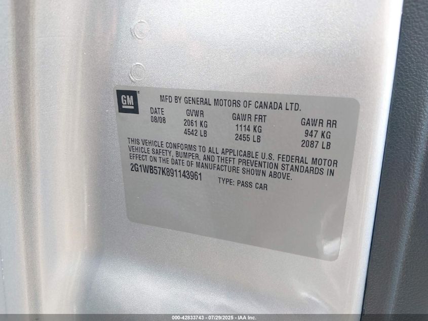 2009 Chevrolet Impala Ls VIN: 2G1WB57K891143961 Lot: 42833743