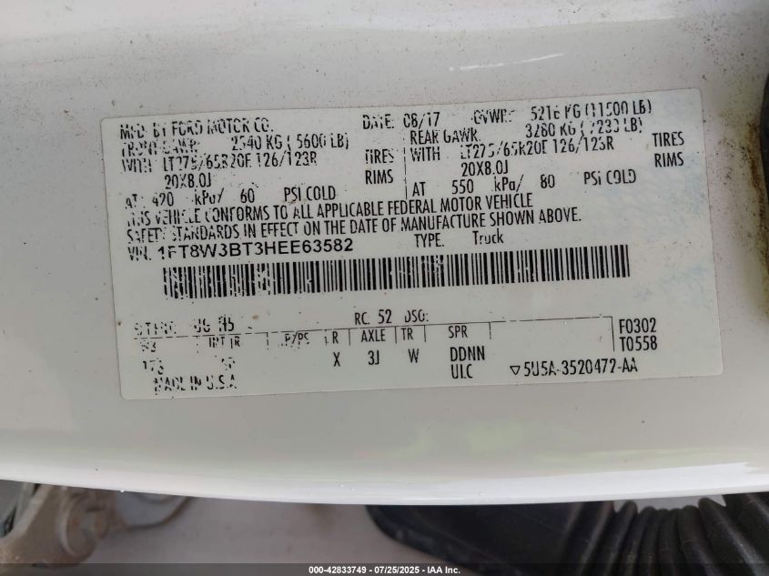 2017 Ford F-350 King Ranch VIN: 1FT8W3BT3HEE63582 Lot: 42833749