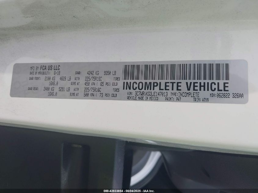 2018 Ram Promaster 3500 3500 Standard VIN: 3C7WRVKG3JE147013 Lot: 42833854