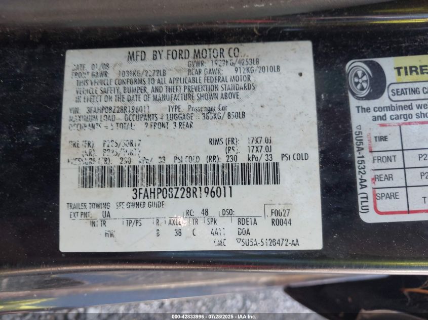 2008 Ford Fusion Sel VIN: 3FAHP08Z28R196011 Lot: 42833996
