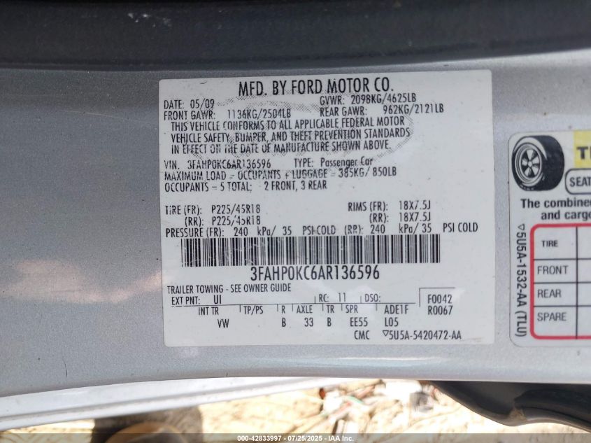 2010 Ford Fusion Sport VIN: 3FAHP0KC6AR136596 Lot: 42833997