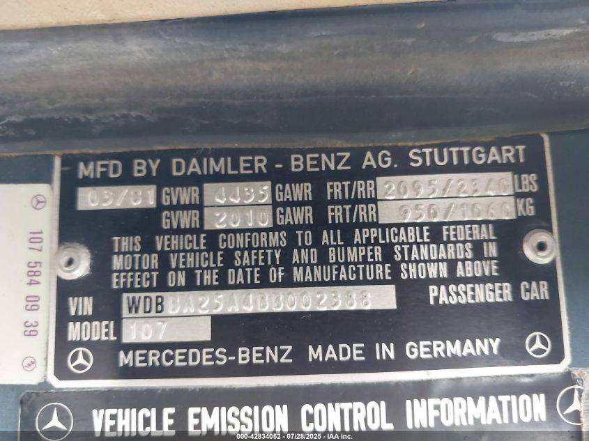 1981 Mercedes-Benz 380 Slc VIN: WDBBA25A4BB002388 Lot: 42834052