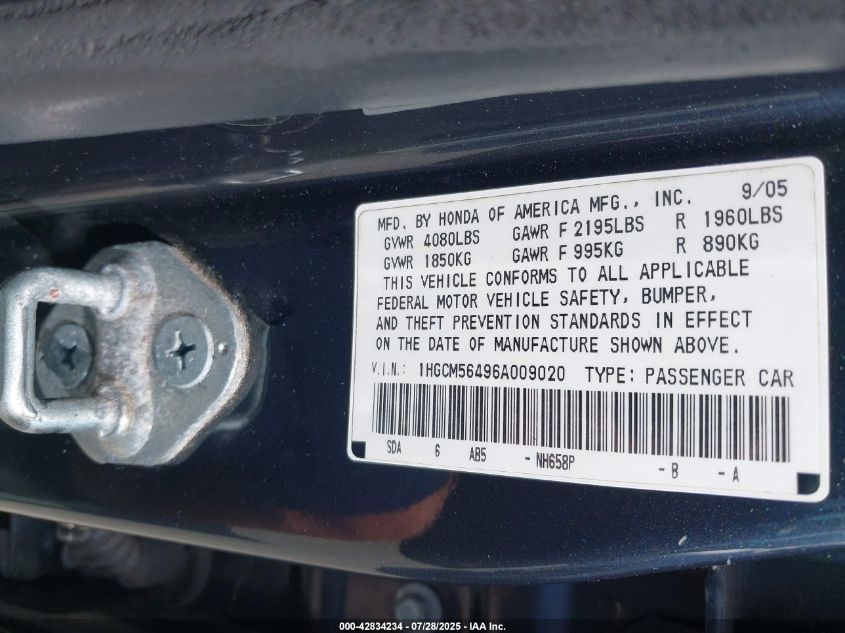 2006 Honda Accord 2.4 Lx VIN: 1HGCM56496A009020 Lot: 42834234