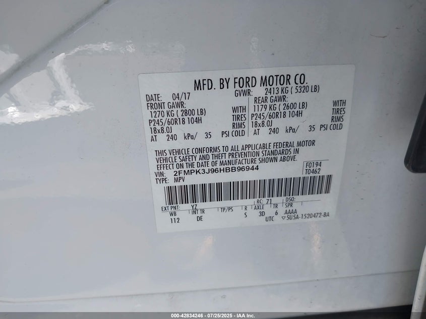 VIN 2FMPK3J96HBB96944 2017 FORD EDGE SEL