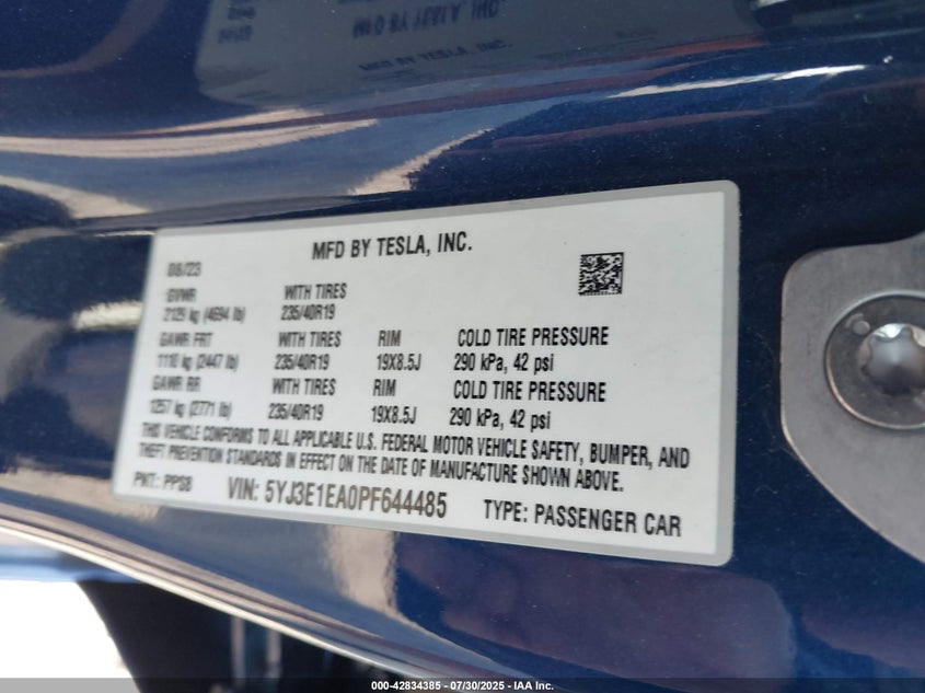 2023 Tesla Model 3 Rear-Wheel Drive VIN: 5YJ3E1EA0PF644485 Lot: 42834385