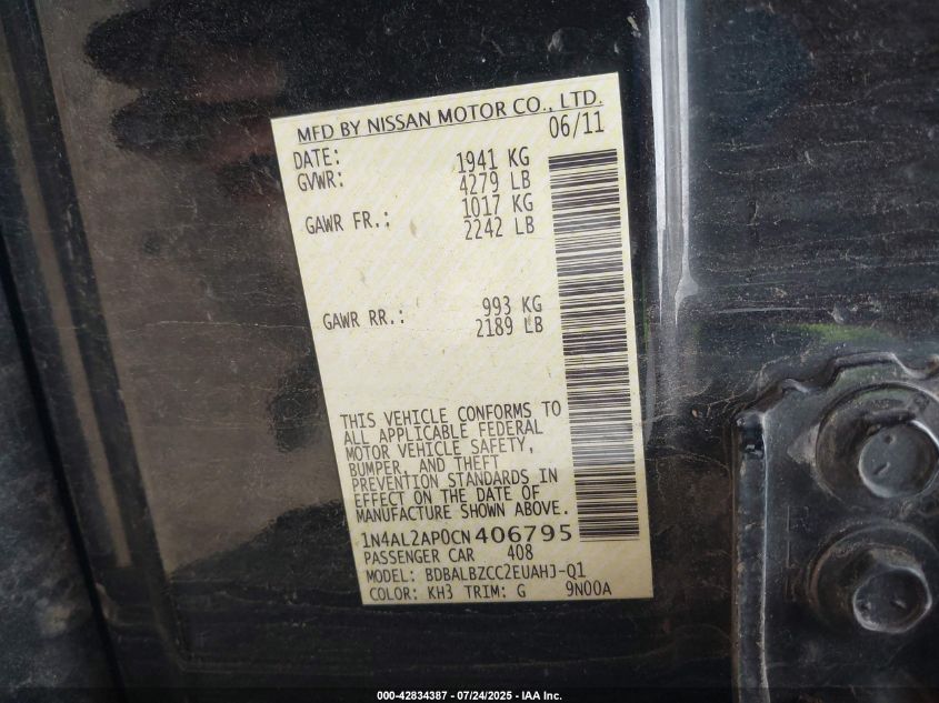 2012 Nissan Altima 2.5 S VIN: 1N4AL2AP0CN406795 Lot: 42834387