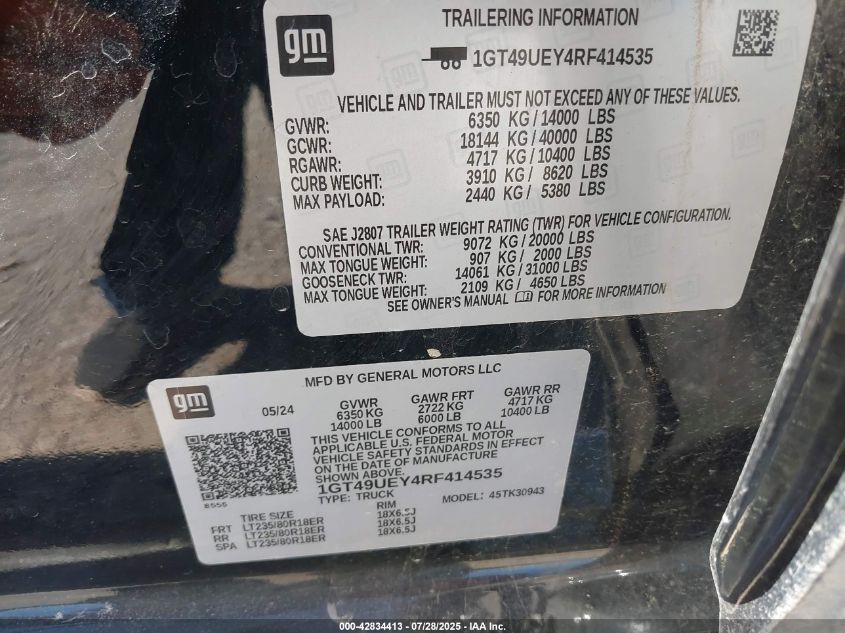 2024 GMC Sierra 3500Hd 4Wd Long Bed Slt VIN: 1GT49UEY4RF414535 Lot: 42834413