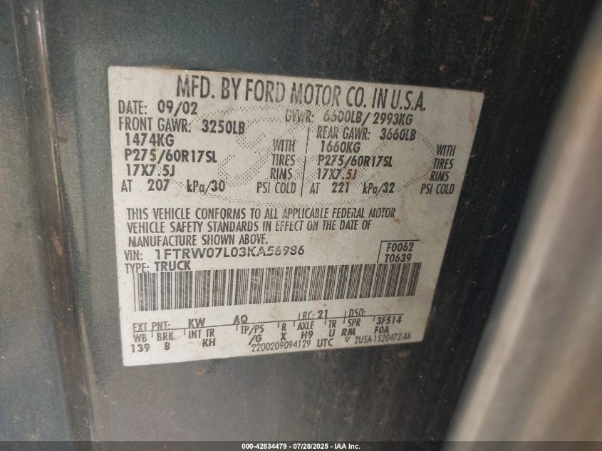2003 Ford F-150 Lariat/Xlt VIN: 1FTRW07L03KA56986 Lot: 42834479