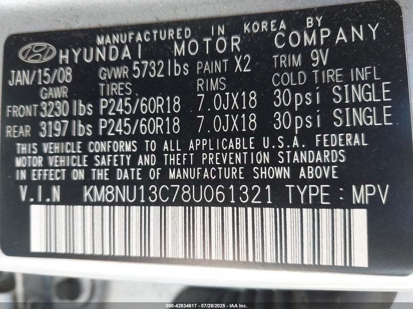 KM8NU13C78U061321 2008 HYUNDAI VERACRUZ photo no. 9