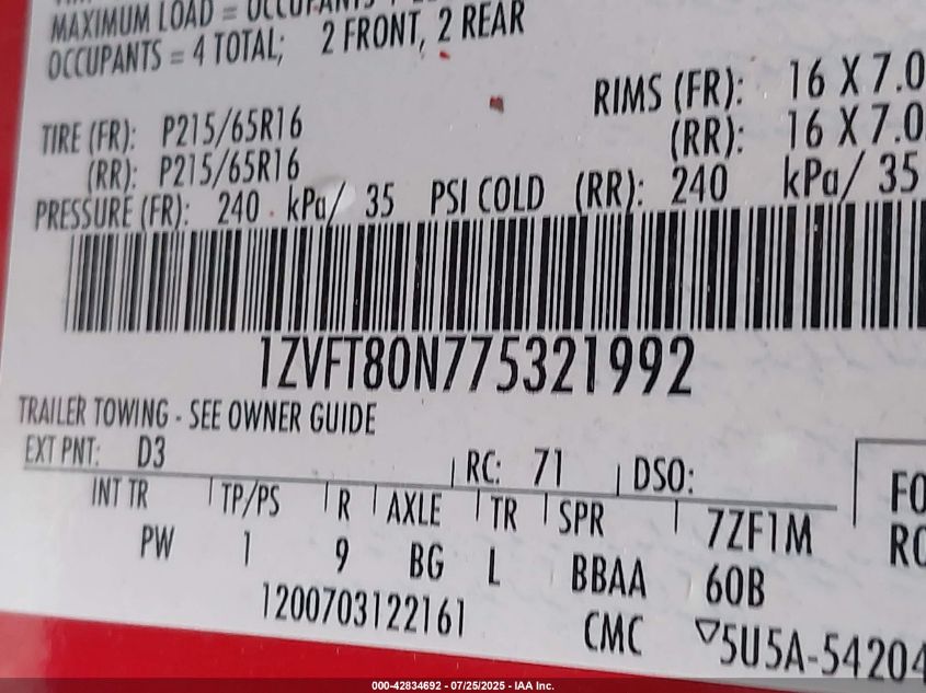 2007 Ford Mustang V6 Deluxe/V6 Premium VIN: 1ZVFT80N775321992 Lot: 42834692