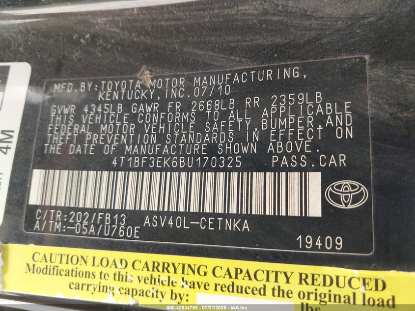 2011 Toyota Camry Le VIN: 4T1BF3EK6BU170325 Lot: 42834768