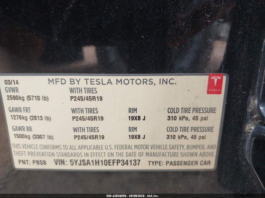 2014 TESLA MODEL S P85 - 5YJSA1H10EFP34137