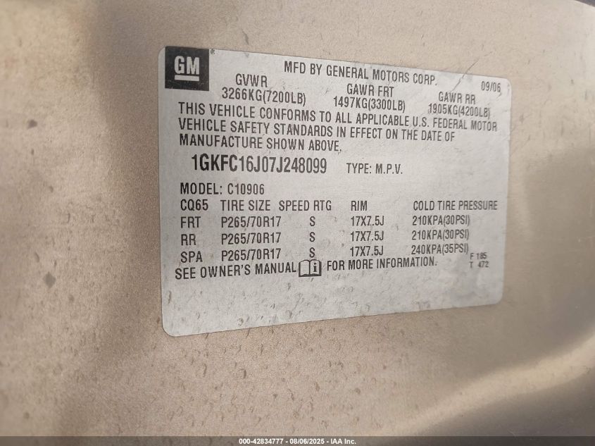 2007 GMC Yukon Xl 1500 Slt VIN: 1GKFC16J07J248099 Lot: 42834777