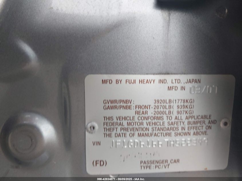2007 Subaru Impreza 2.5I VIN: JF1GD61667H522349 Lot: 42834871