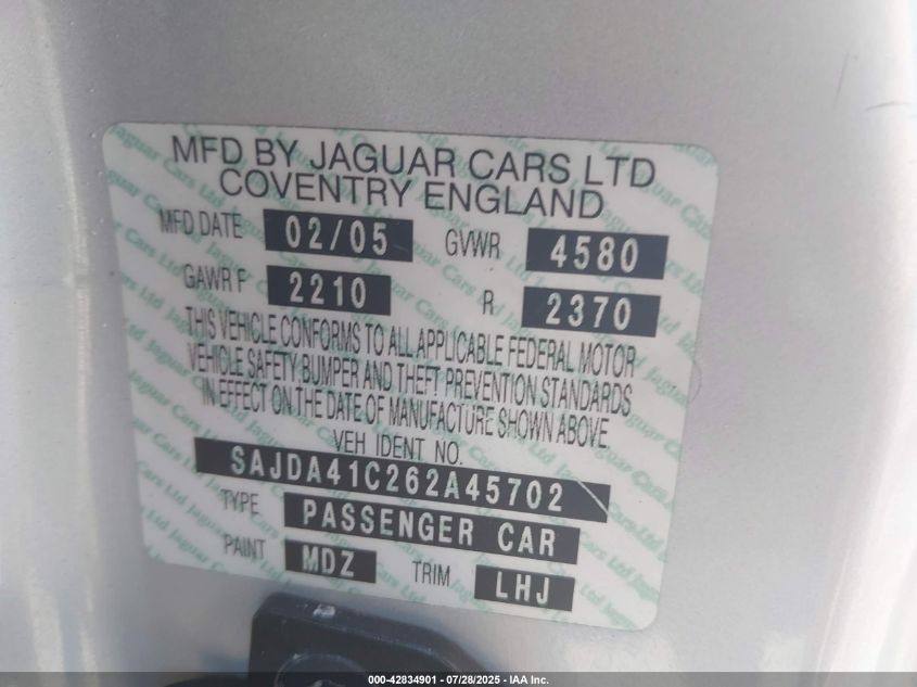 2006 Jaguar Xk8 VIN: SAJDA41C262A45702 Lot: 42834901