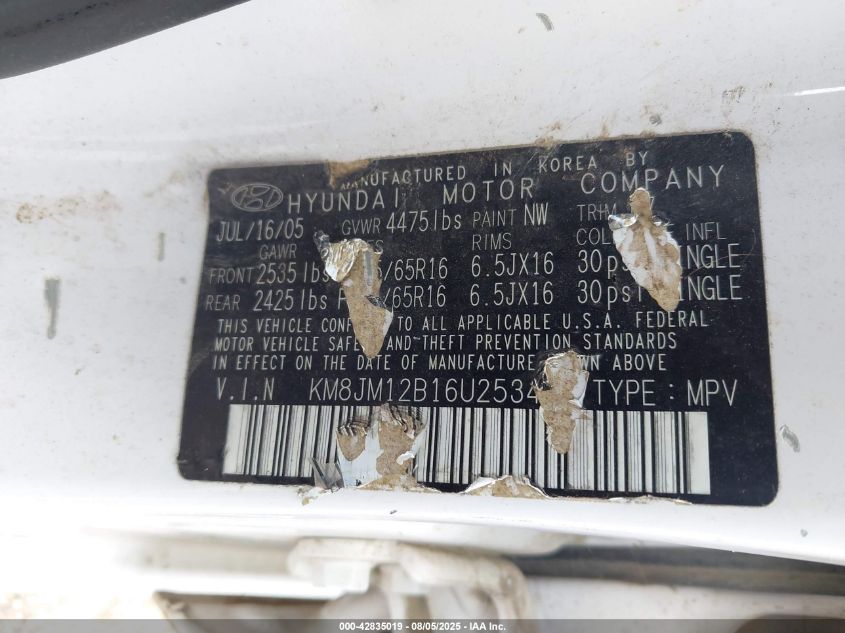 2006 Hyundai Tucson Gl VIN: KM8JM12B16U253466 Lot: 42835019