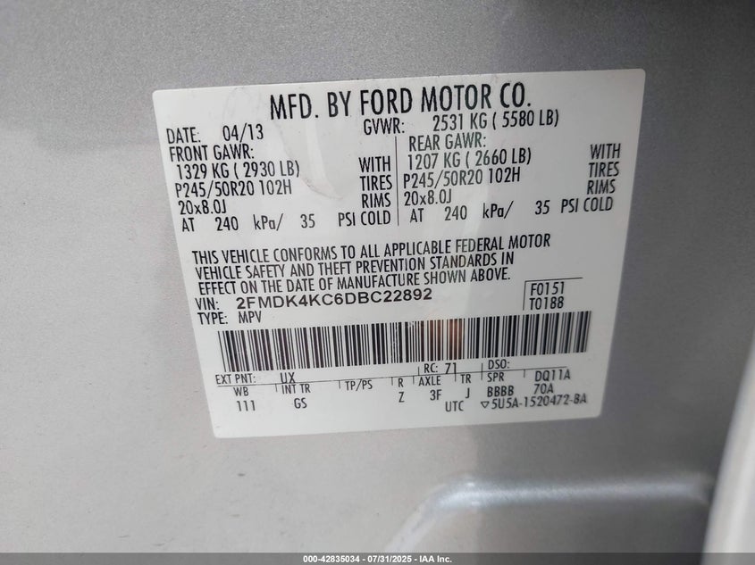2FMDK4KC6DBC22892 2013 FORD EDGE photo no. 9