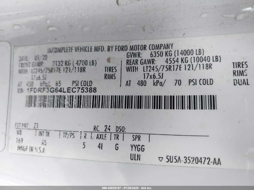 2020 Ford F-350 Chassis Xl VIN: 1FDRF3G64LEC75388 Lot: 42835157
