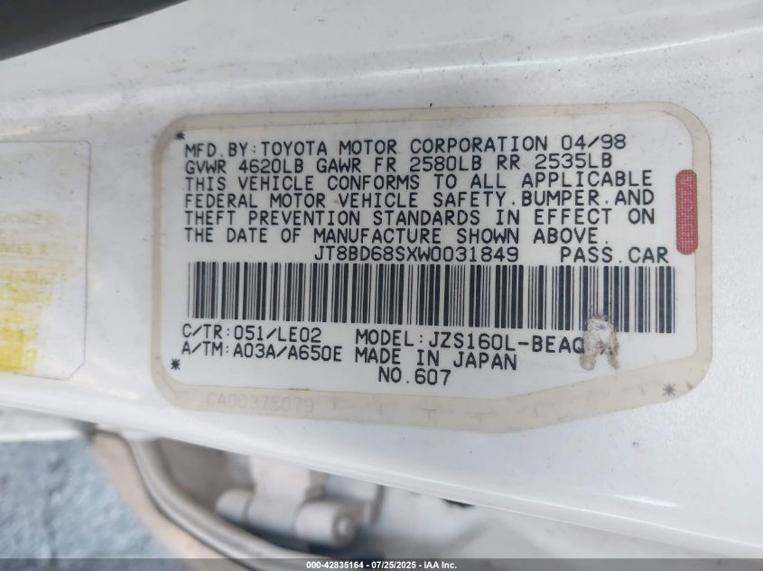 1998 Lexus Gs 300 VIN: JT8BD68SXW0031849 Lot: 42835164