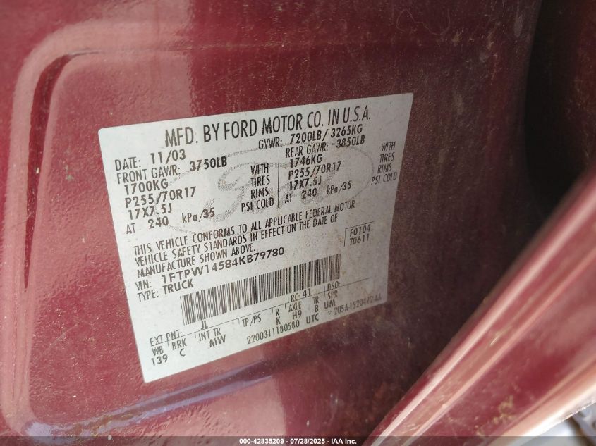 2004 Ford F-150 Fx4/Lariat/Xlt VIN: 1FTPW14584KB79780 Lot: 42835209