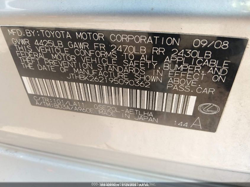 2009 Lexus Is 250 VIN: JTHBK262195090362 Lot: 42835236