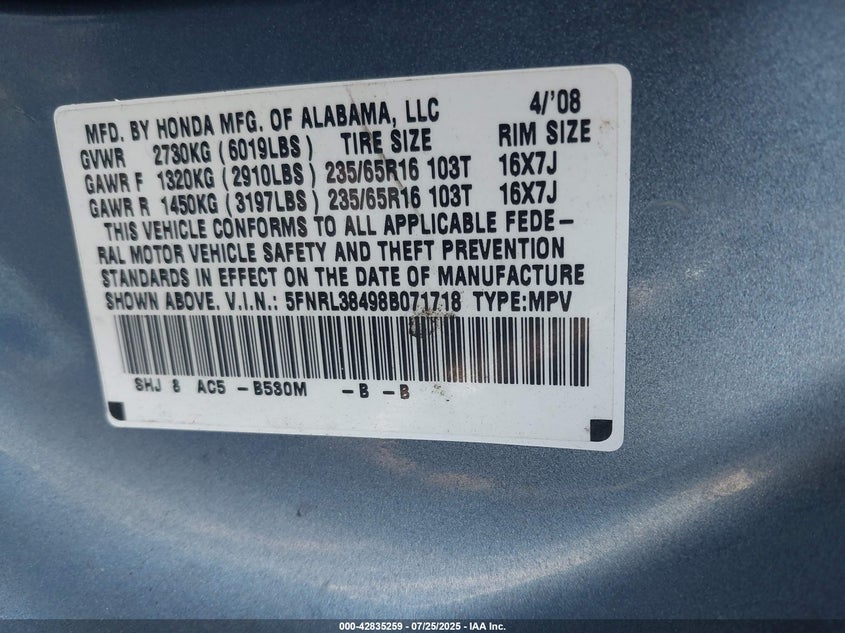 2008 Honda Odyssey Ex VIN: 5FNRL38498B071718 Lot: 42835259