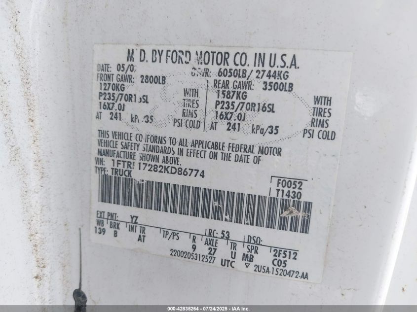 2002 Ford F-150 Xl/Xlt VIN: 1FTRF17282KD86774 Lot: 42835264