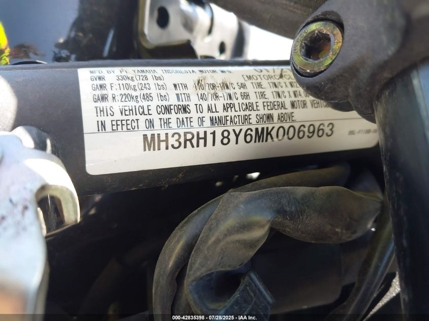 2021 Yamaha Yzfr3 A VIN: MH3RH18Y6MK006963 Lot: 42835398